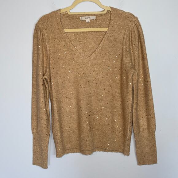 Loft Womens Gold Sequin Sweater Size Medium V-Neck Holiday Party Sparkle Stretch - Picture 1 of 7